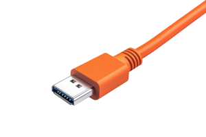 Bright orange USB cable connector close-up showcasing modern design and functionality for data transfer png