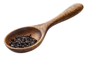 Wooden spoon featuring a scoop of black pepper granules for culinary use png