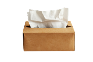 Tissue box with a crumpled tissue partially pulled out, placed on a plain surface at home png