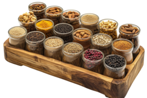 Variety of spices and nuts displayed in glass jars on a wooden tray in a modern kitchen setting png