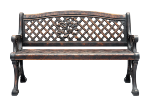 Metal bench with intricate design placed in a garden setting, inviting relaxation and contemplation during midday png