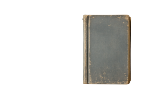 Old leather-bound book resting on a plain surface showcasing weathered cover and faded spine png