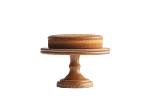 Homemade cake on a wooden cake stand displaying a smooth and even texture in a bright setting png