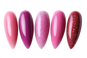 Selection of stylish nail colors displayed in a row with varied tones and textures png