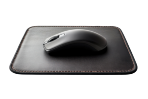 Stylish black mouse on a leather mouse pad placed on a surface for a modern workspace setup png