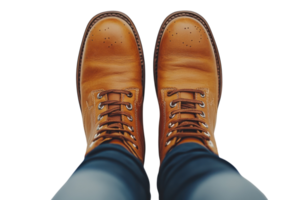 Stylish brown leather boots worn with blue jeans, displayed from a top-down perspective to showcase their design and texture png