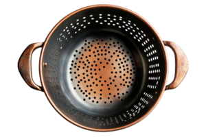 Copper colander with perforated design used for draining pasta and vegetables in a kitchen setting png