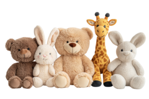 Collection of plush toys featuring a bear, bunny, giraffe, and rabbit in soft colors and textures displayed together png