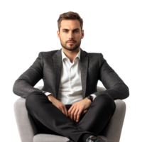 A man in a suit sitting on a chair png