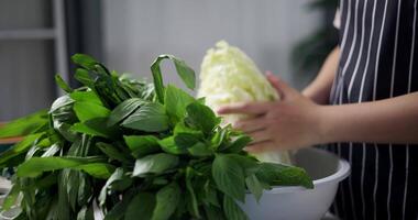 Handheld selective focus shot, Happy young woman preparing vegetables on the table to make sukiyaki or shabu hot pot at home. Food preparation video