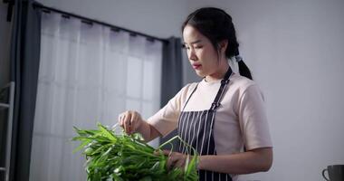 Handheld shot, Happy young woman preparing vegetables on the table to make sukiyaki or shabu hot pot at home. Food preparation video