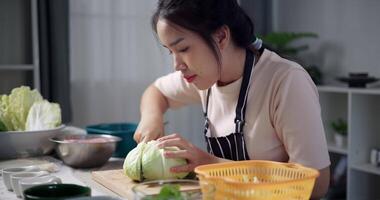 Handheld shot, Happy young woman cutting cabbage on the table to prepare to make sukiyaki or shabu-shabu hot pot at home. Food preparation video