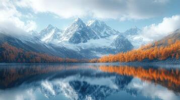 A mountain range is reflected in a lake photo