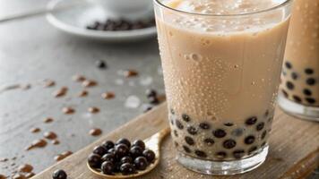 Two glasses of bubble tea with black beans photo