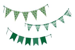 Festive pennant garland on rope in monochrome green and pattern St Patrick Day design elements Set 3. Isolated illustration Thematic or greeting cards, post, blogs, leaflets or web promo, label vector