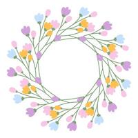 Colorful Blossom sprigs Circle Frame border in trendy spring colors Cope space Festive Template idea. Isolate illustration Thematic cards, posting, blog or web promo leaflet, banner, tag, label vector