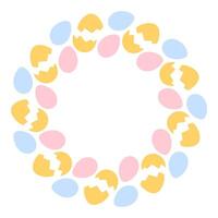 Colorful Easter Eggs end cracked eggshell Circle Frame in trendy festive shades Copy space Template. Isolated illustration Thematic card, leaflet, banner, booklet, price tag, label or web promo vector