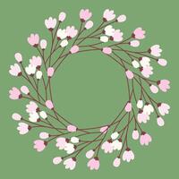 Colorful Blossom twigs in trendy spring shades Circle frame on green backdrop. Copy space Template. Isolate illustration Thematic cards, posting, blog or web promo leaflet, banner, tag, label vector