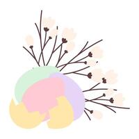 Easter Eggs and cracked eggshell with blossom twigs composition. Easter greeting festive design idea. Isolate illustration Thematic cards, posting, blog or web promo leaflet, banner, tag, label vector