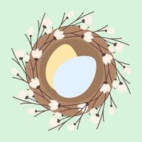 2 Easter Eggs in nest with blossom twigs in trendy soft shades. Easter greeting design element idea. Isolate illustration Thematic cards, posting, blog or web promo, leaflets, banner, price tag vector