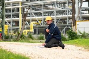 Petroleum engineer is on a mission to inspect oil distillation at a huge oil refinery photo