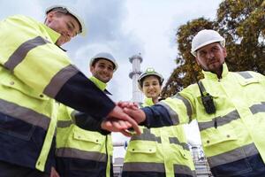 Group of Petroleum engineer is on a mission to inspect oil distillation at a huge oil refinery photo
