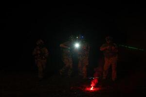 Group of soldiers in camouflage uniforms hold weapons with patrol missions at night photo