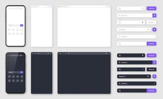 Smartphone, blank internet browser window with various search bars. Web site engine with search box, address bar and text field. UI design, website interface. Dark, light modes. illustration vector