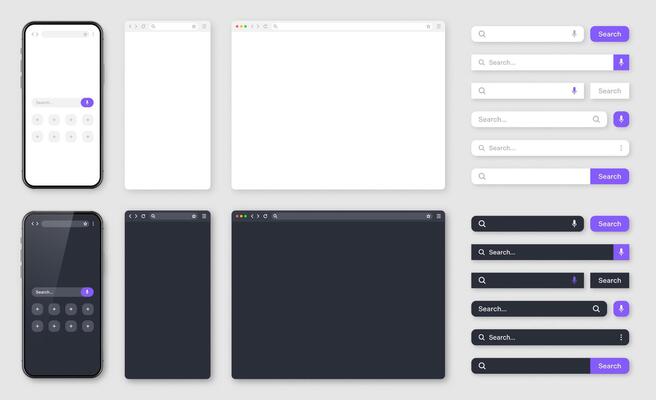 Smartphone, blank internet browser window with various search bars. Web site engine with search box, address bar and text field. UI design, website interface. Dark, light modes. illustration