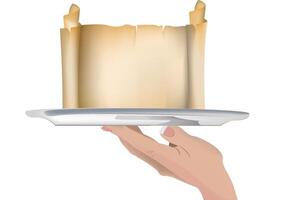 Hand holding a plate with a roll of paper vector