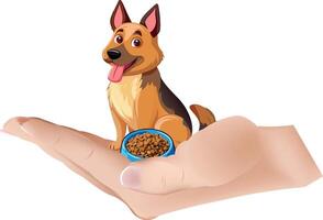 A hand holding a bowl of food and a dog sitting on it vector