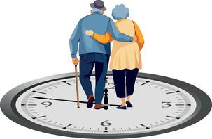 An elderly couple walking on a clock vector