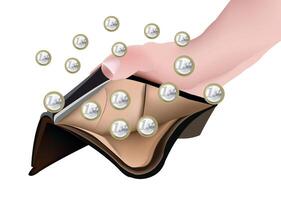 A hand holding a wallet with coins coming out of it vector