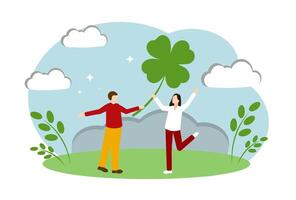 A man and a woman found a clover leaf. The emotion of joy, happiness and well-being vector