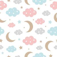 Seamless pattern with clouds, moon and stars on a white background vector