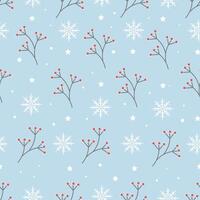 Seamless winter pattern with twigs and snowflakes on a blue background vector