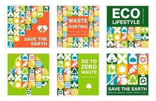 Bauhaus Eco Graphics, Square Design images with Zero Waste Patterns, simple icons for Social Media vector