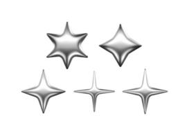 Y2K 3d Star Shapes Collection Silver Chrome Shiny Glossy Metallic Icons Realistic Illustrations Isolated On Transparent Background. Trendy graphic elements for web, UI design or Social Media vector