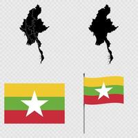 Set of maps, flag and flagpole of Myanmar. illustration. vector
