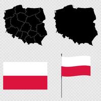 Set of maps, flag and flagpole of Poland. illustration. vector