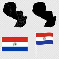 Set of maps, flag and flagpole of Paraguay. illustration. vector