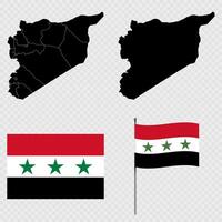 Set of map and new flag and flagpole of Syria. illustration. vector