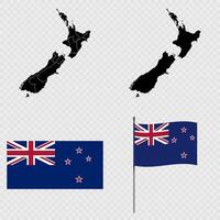 Set of maps, flag and flagpole of New Zealand. illustration. vector