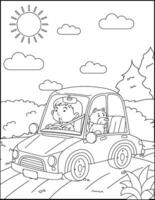 Boy with his teddy bear in a car coloring page for coloring book vector