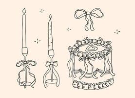 Set of elegant outline candle with knot in vintage ink style. Doodle cake with cream. A holiday dessert in a whimsical hand-drawn style. vector