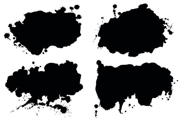 Black ink splatters silhouettes with paint drops. Ink splashes banners set with drops blots and spray stains. Abstract grunge effect for banners, ad, website, posters