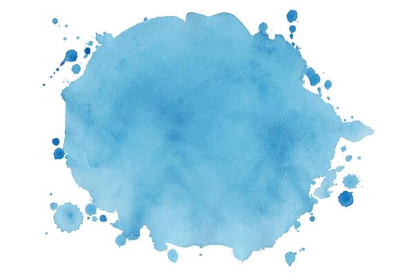 Soft Blue Watercolor Stain with Splattered Ink on White Background. Oval hand painted aquarelle splash with drops stains