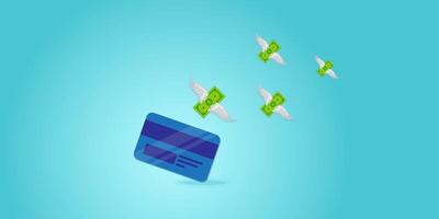 credit or debit card with flying money notes away as using cards will increase your debts or expenses concept banner background vector