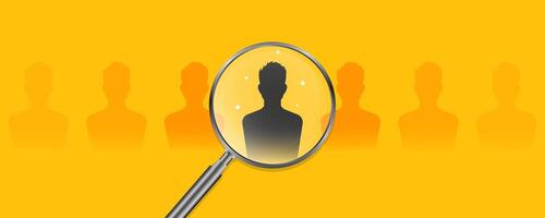 we are hiring candidate for job, internship with magnify glass searching for people in yellow background vector