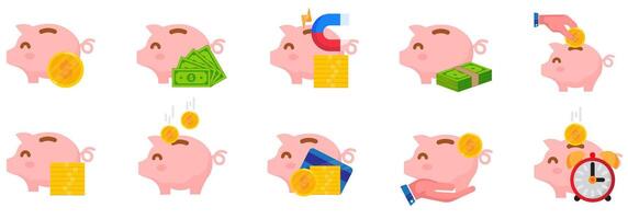 piggy bank icon set with money, coin, magnet, wallet, credit card for money management, ux, ui, poster, events, and risk management business world vector